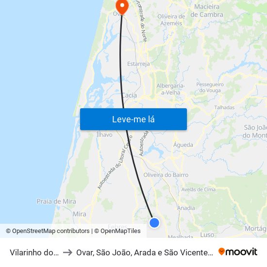 Vilarinho do Bairro to Ovar, São João, Arada e São Vicente de Pereira Jusã map