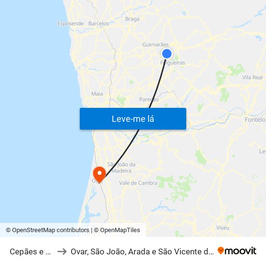 Cepães e Fareja to Ovar, São João, Arada e São Vicente de Pereira Jusã map