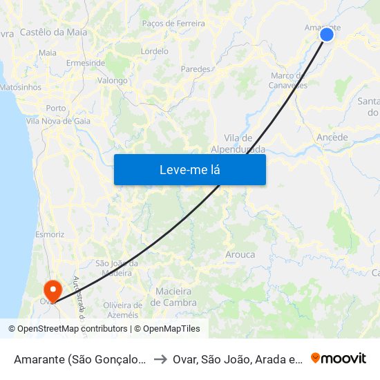 Amarante (São Gonçalo), Madalena, Cepelos e Gatão to Ovar, São João, Arada e São Vicente de Pereira Jusã map