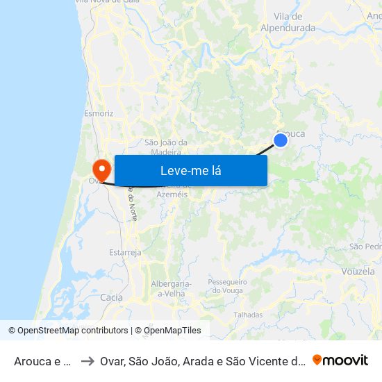 Arouca e Burgo to Ovar, São João, Arada e São Vicente de Pereira Jusã map