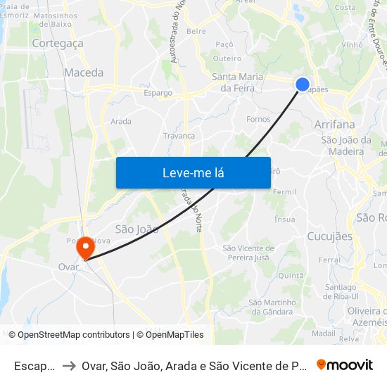 Escapães to Ovar, São João, Arada e São Vicente de Pereira Jusã map