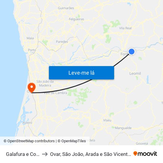 Galafura e Covelinhas to Ovar, São João, Arada e São Vicente de Pereira Jusã map