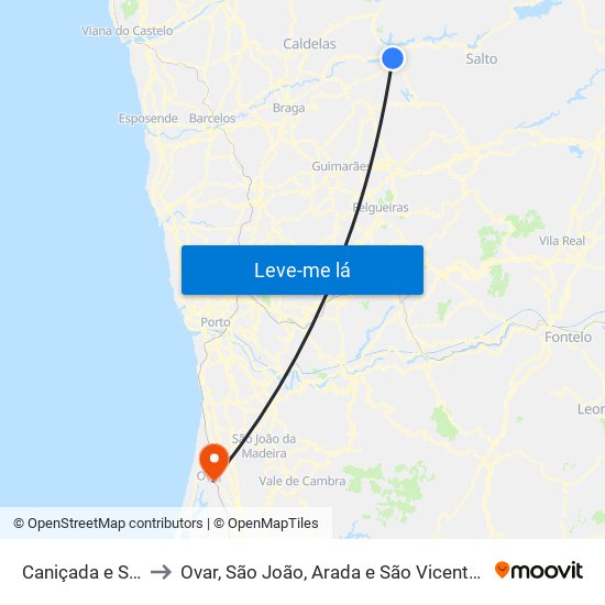 Caniçada e Soengas to Ovar, São João, Arada e São Vicente de Pereira Jusã map