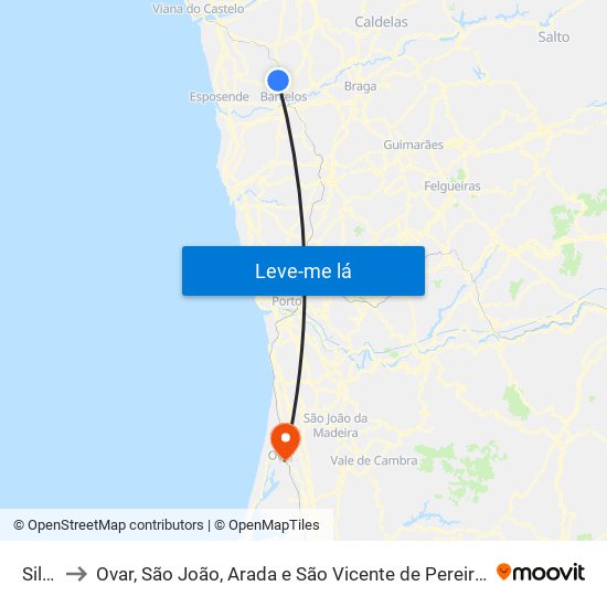 Silva to Ovar, São João, Arada e São Vicente de Pereira Jusã map