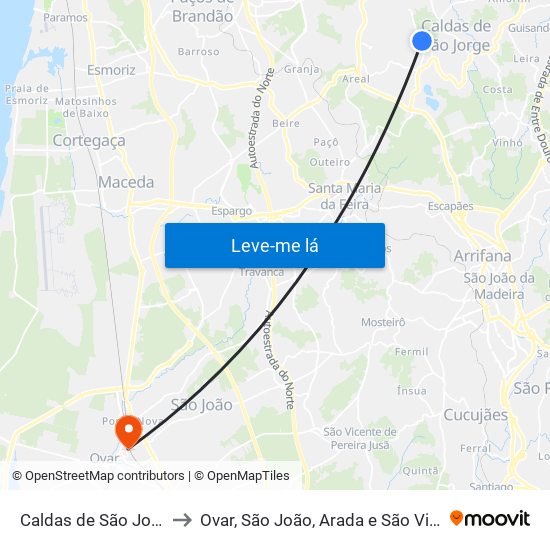 Caldas de São Jorge e Pigeiros to Ovar, São João, Arada e São Vicente de Pereira Jusã map