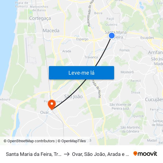 Santa Maria da Feira, Travanca, Sanfins e Espargo to Ovar, São João, Arada e São Vicente de Pereira Jusã map