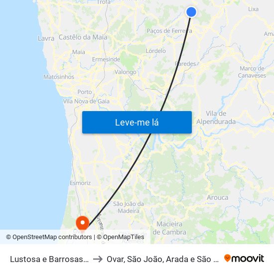 Lustosa e Barrosas (Santo Estêvão) to Ovar, São João, Arada e São Vicente de Pereira Jusã map