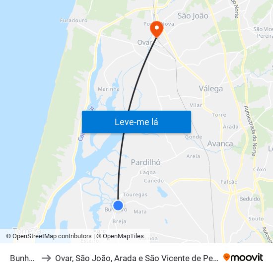 Bunheiro to Ovar, São João, Arada e São Vicente de Pereira Jusã map