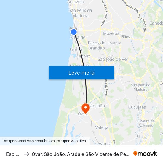 Espinho to Ovar, São João, Arada e São Vicente de Pereira Jusã map