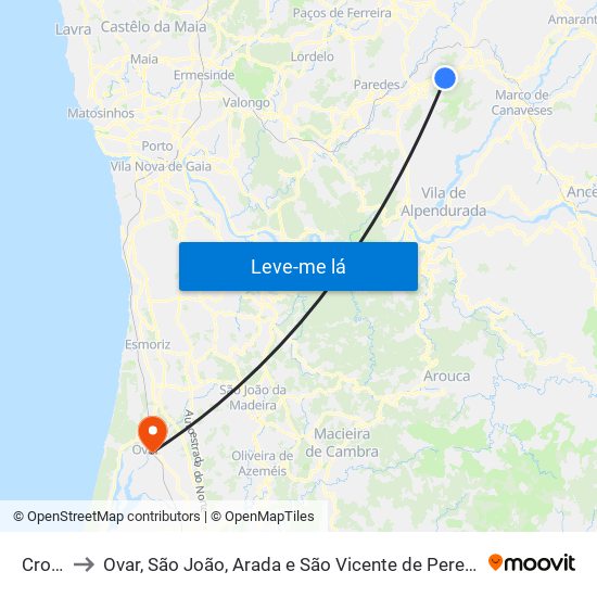 Croca to Ovar, São João, Arada e São Vicente de Pereira Jusã map