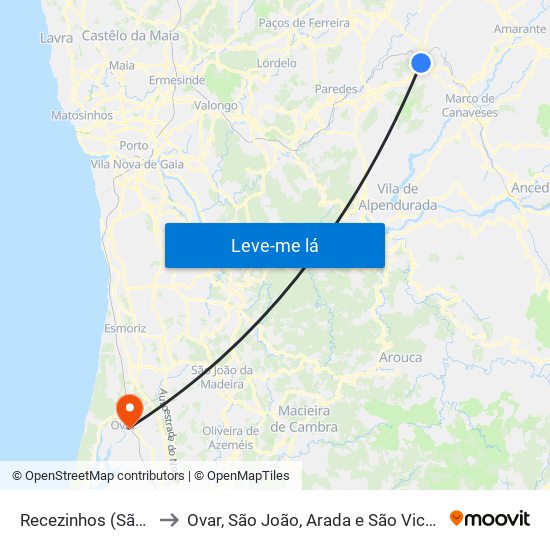 Recezinhos (São Mamede) to Ovar, São João, Arada e São Vicente de Pereira Jusã map