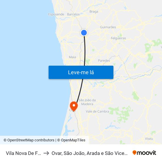 Vila Nova De Famalicão to Ovar, São João, Arada e São Vicente de Pereira Jusã map