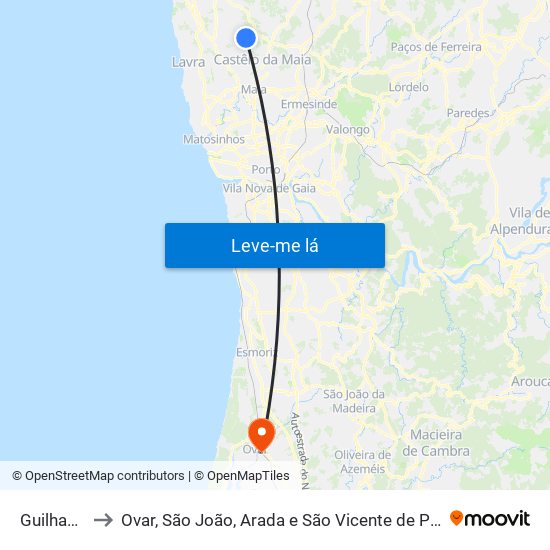 Guilhabreu to Ovar, São João, Arada e São Vicente de Pereira Jusã map