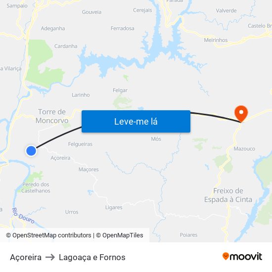 Açoreira to Lagoaça e Fornos map