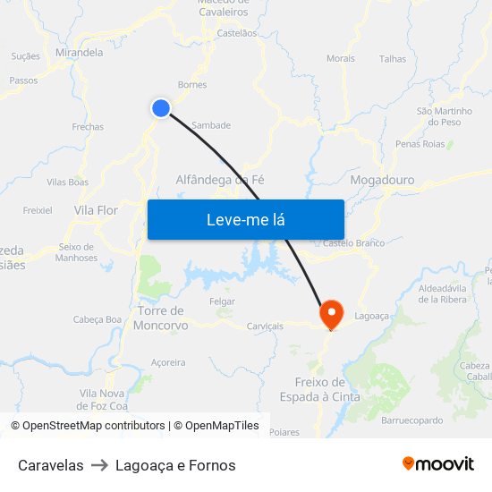 Caravelas to Lagoaça e Fornos map