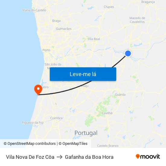 Vila Nova De Foz Côa to Gafanha da Boa Hora map