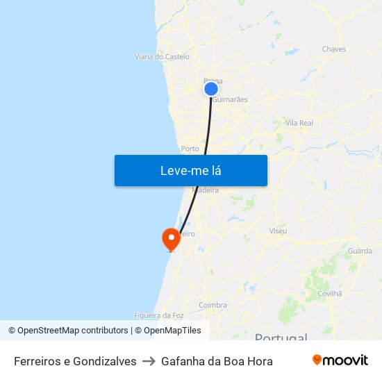 Ferreiros e Gondizalves to Gafanha da Boa Hora map