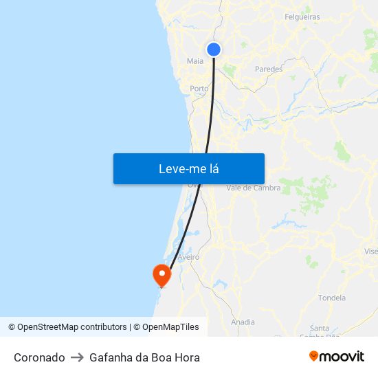 Coronado to Gafanha da Boa Hora map