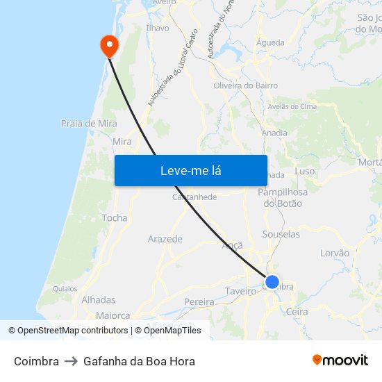 Coimbra to Gafanha da Boa Hora map