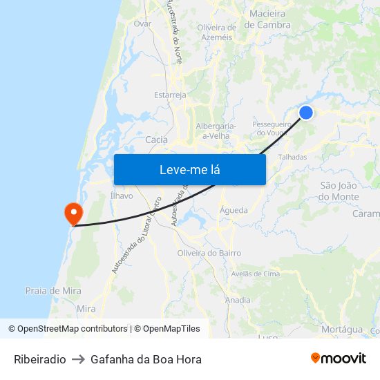 Ribeiradio to Gafanha da Boa Hora map