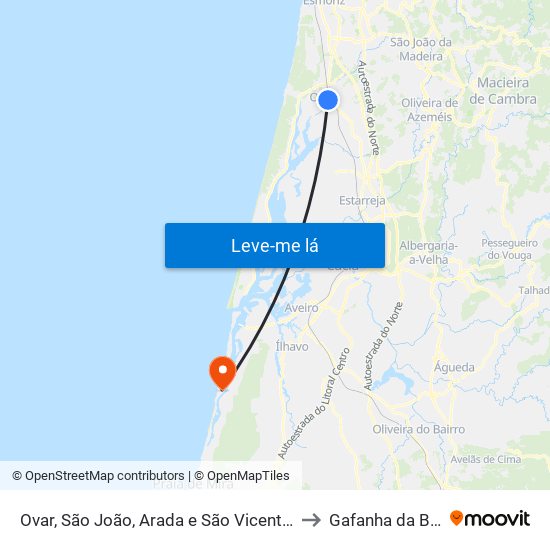 Ovar, São João, Arada e São Vicente de Pereira Jusã to Gafanha da Boa Hora map