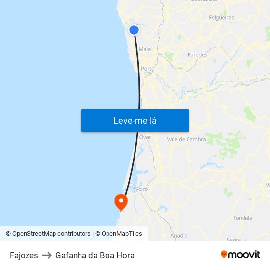 Fajozes to Gafanha da Boa Hora map