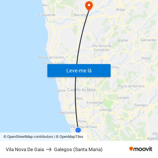 Vila Nova De Gaia to Galegos (Santa Maria) map