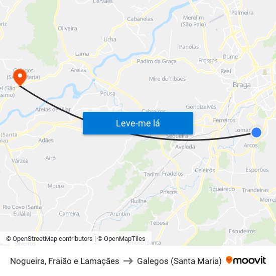Nogueira, Fraião e Lamaçães to Galegos (Santa Maria) map