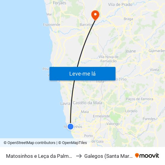 Matosinhos e Leça da Palmeira to Galegos (Santa Maria) map