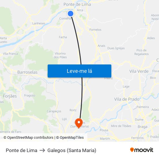 Ponte de Lima to Galegos (Santa Maria) map