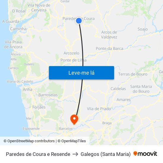 Paredes de Coura e Resende to Galegos (Santa Maria) map