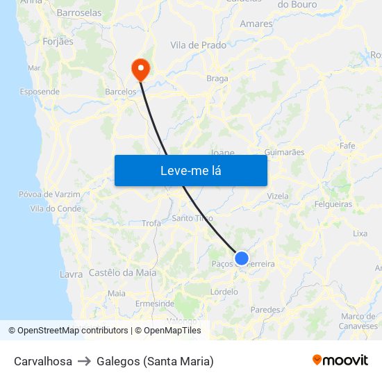 Carvalhosa to Galegos (Santa Maria) map