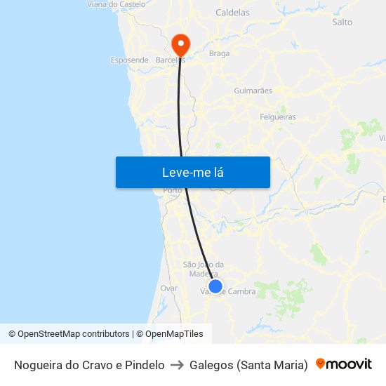 Nogueira do Cravo e Pindelo to Galegos (Santa Maria) map