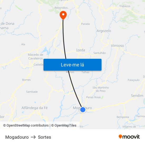 Mogadouro to Sortes map