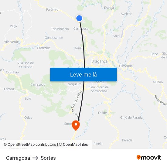 Carragosa to Sortes map