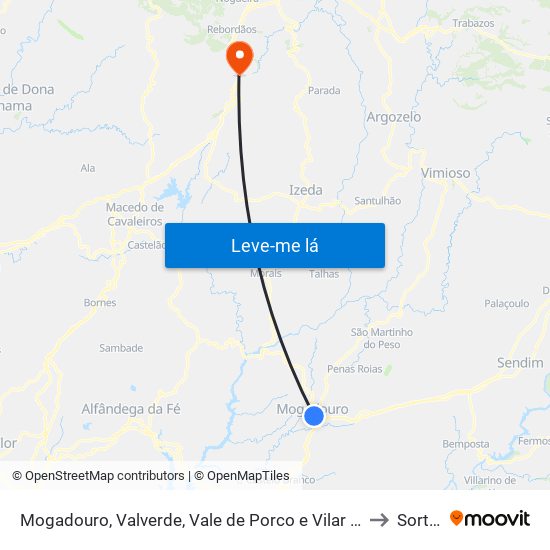 Mogadouro, Valverde, Vale de Porco e Vilar de Rei to Sortes map