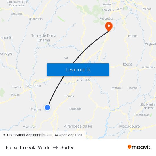 Freixeda e Vila Verde to Sortes map