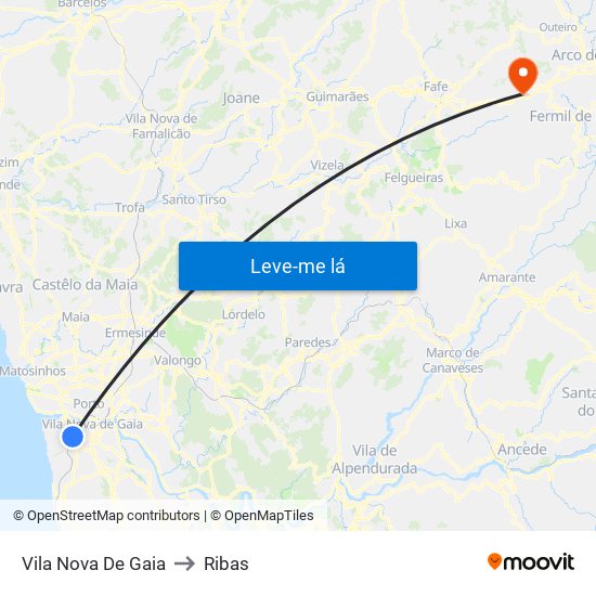 Vila Nova De Gaia to Ribas map