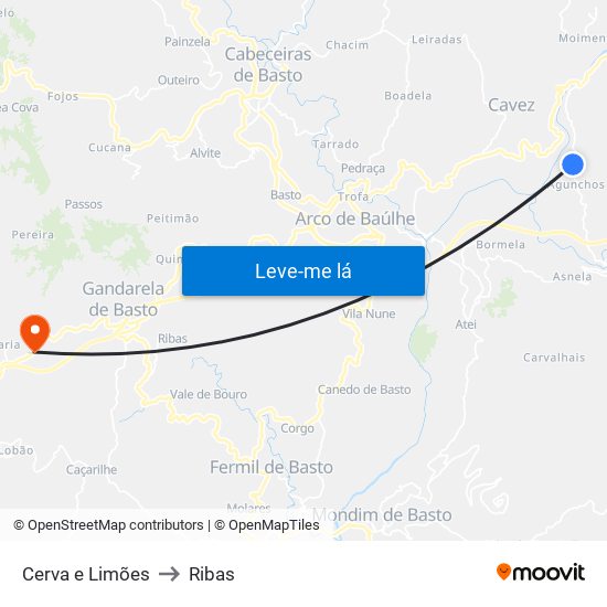 Cerva e Limões to Ribas map