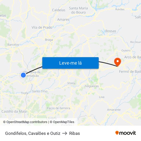 Gondifelos, Cavalões e Outiz to Ribas map