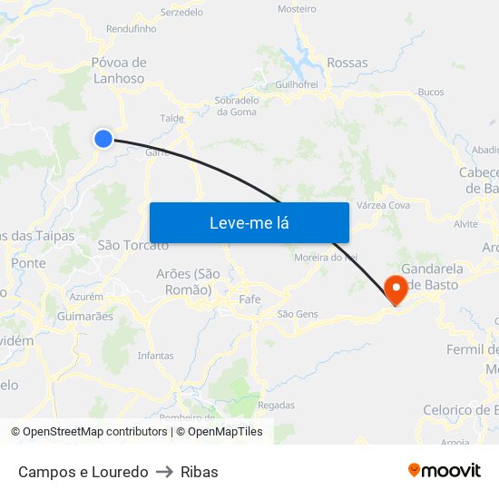 Campos e Louredo to Ribas map