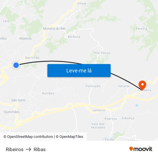 Ribeiros to Ribas map