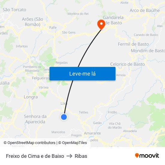 Freixo de Cima e de Baixo to Ribas map