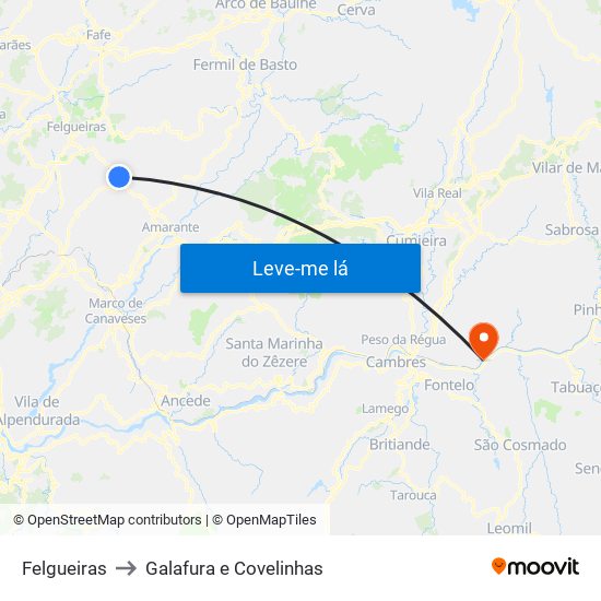 Felgueiras to Galafura e Covelinhas map