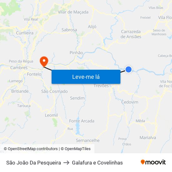 São João Da Pesqueira to Galafura e Covelinhas map