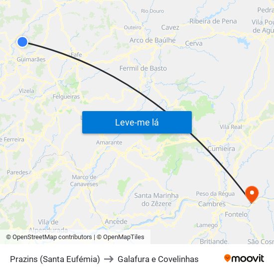 Prazins (Santa Eufémia) to Galafura e Covelinhas map