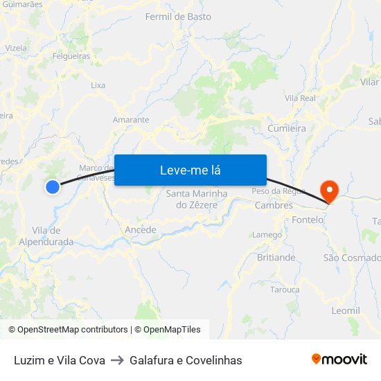 Luzim e Vila Cova to Galafura e Covelinhas map