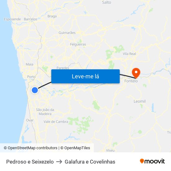 Pedroso e Seixezelo to Galafura e Covelinhas map