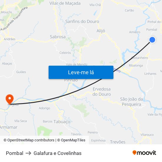 Pombal to Galafura e Covelinhas map