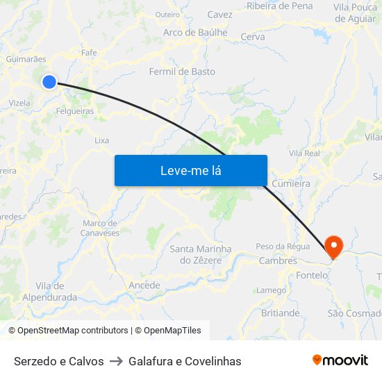 Serzedo e Calvos to Galafura e Covelinhas map